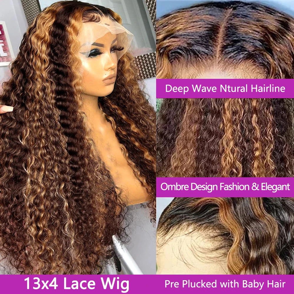 13x4 Hd Front Highlight Wig Brazilian Human Hair Curly Wigs Ombre Honey Blonde Colored Water Wave 30 Inch Deep Wave Frontal Wig