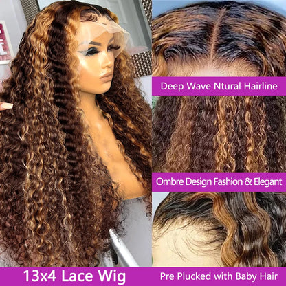 13x4 Hd Front Highlight Wig Brazilian Human Hair Curly Wigs Ombre Honey Blonde Colored Water Wave 30 Inch Deep Wave Frontal Wig