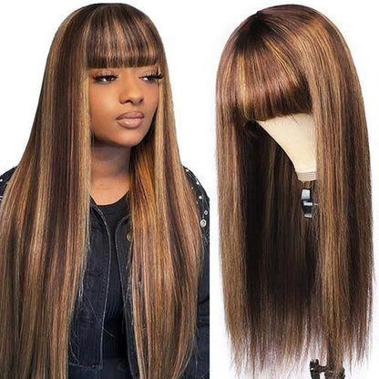 Malaysia Human Hair Wig With Bangs Ombre Highlight Brown Straight Hair Human Hair Wigs For Women 180D Wig Machine