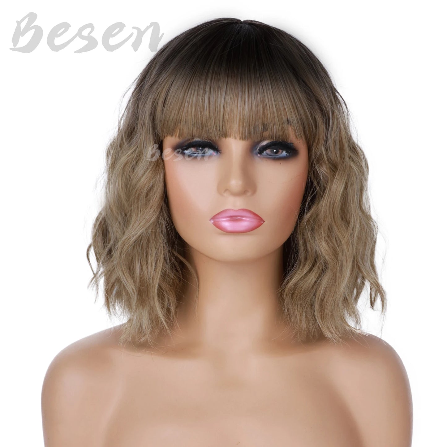 Synthetic Short Curly Bob Wig With Bangs for Women Wavy Shoulder Length Wig Short Water Wave Wig Daily Wear