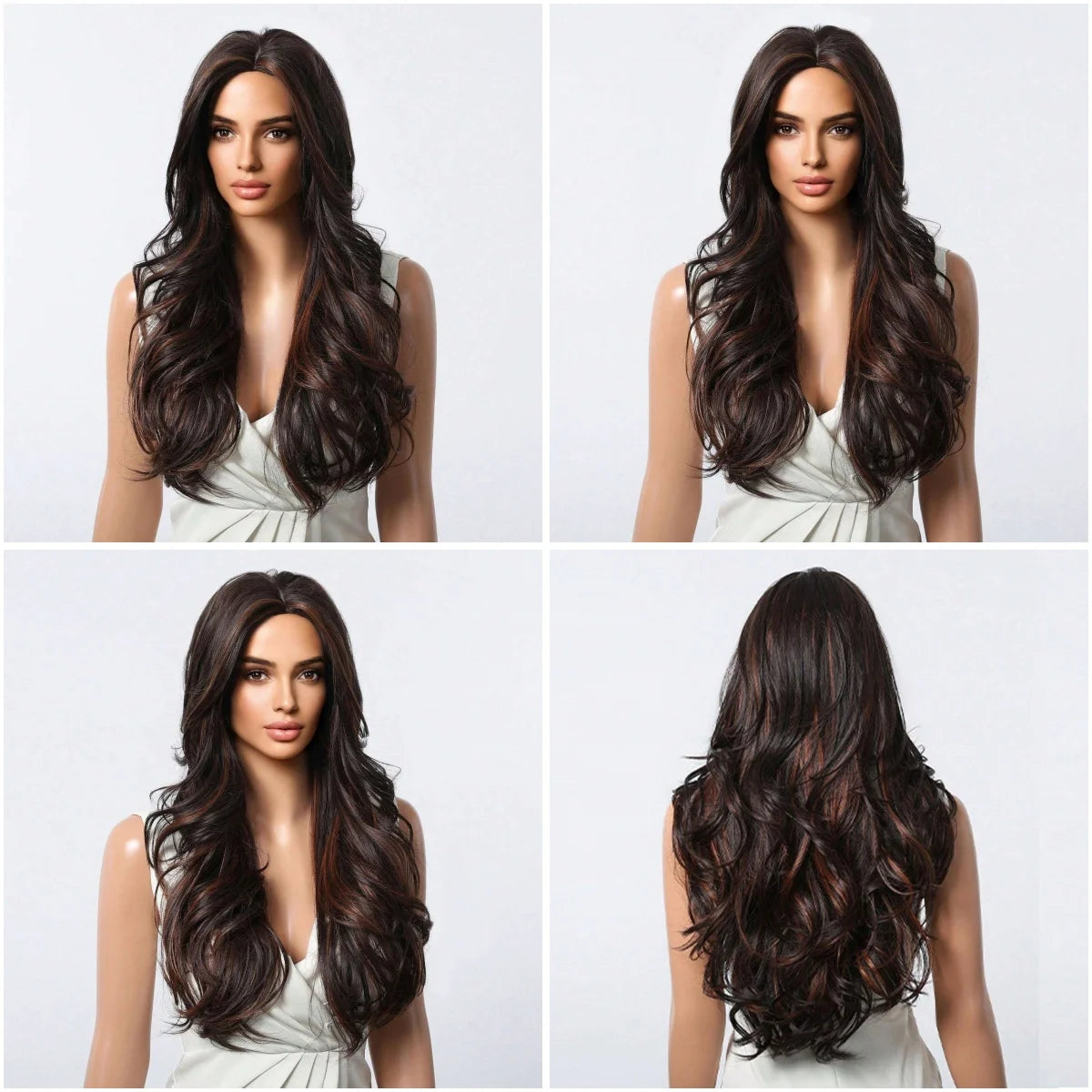 Long Curly Wavy Brown Wigs Highlights Brown Hair Synthetic Wigs For Women Daily Middle Part Natural Looking Wig High Temperature