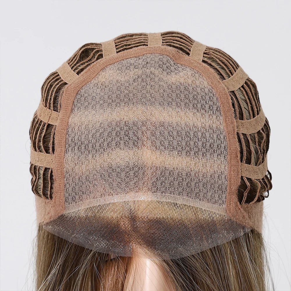 MONO Lace Frontal Synthetic Wigs Light Brown Blonde Hair Middle Length Straight Layered Wigs for White Women Daily 16inches Hair