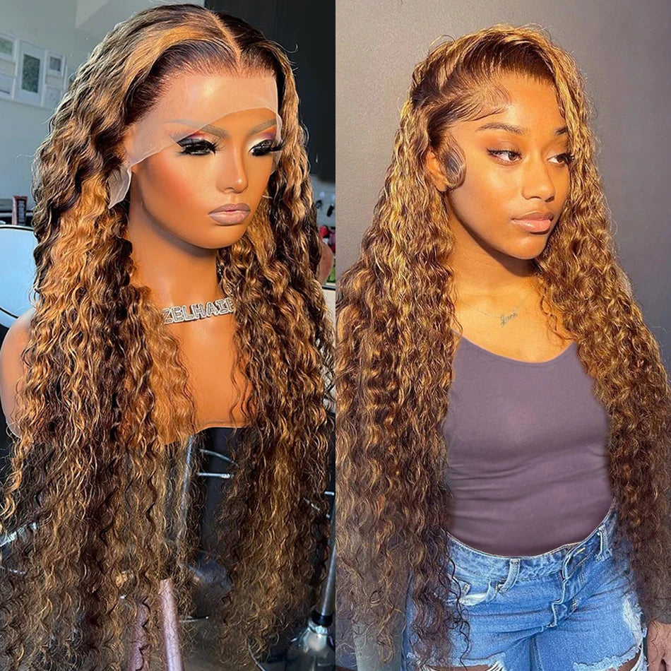 13x4 Hd Front Highlight Wig Brazilian Human Hair Curly Wigs Ombre Honey Blonde Colored Water Wave 30 Inch Deep Wave Frontal Wig