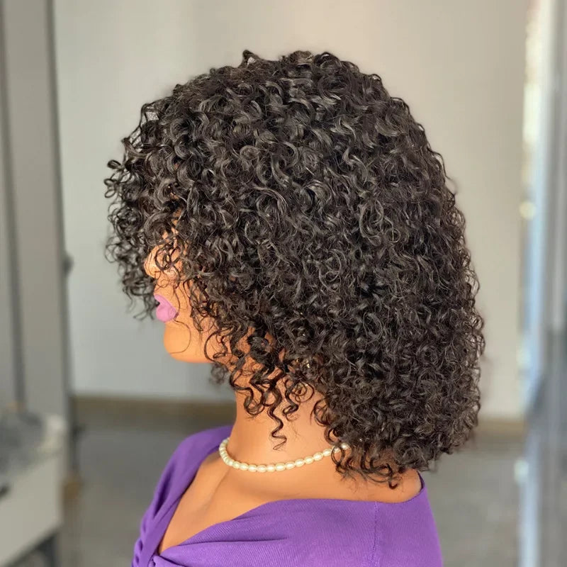 12A High Quality 10 Inch Virgin Human Hair Wigs 220% Density Curly Fringe with Bangs Full Cap for A Voluminous and Stylish Look