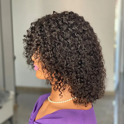 12A High Quality 10 Inch Virgin Human Hair Wigs 220% Density Curly Fringe with Bangs Full Cap for A Voluminous and Stylish Look