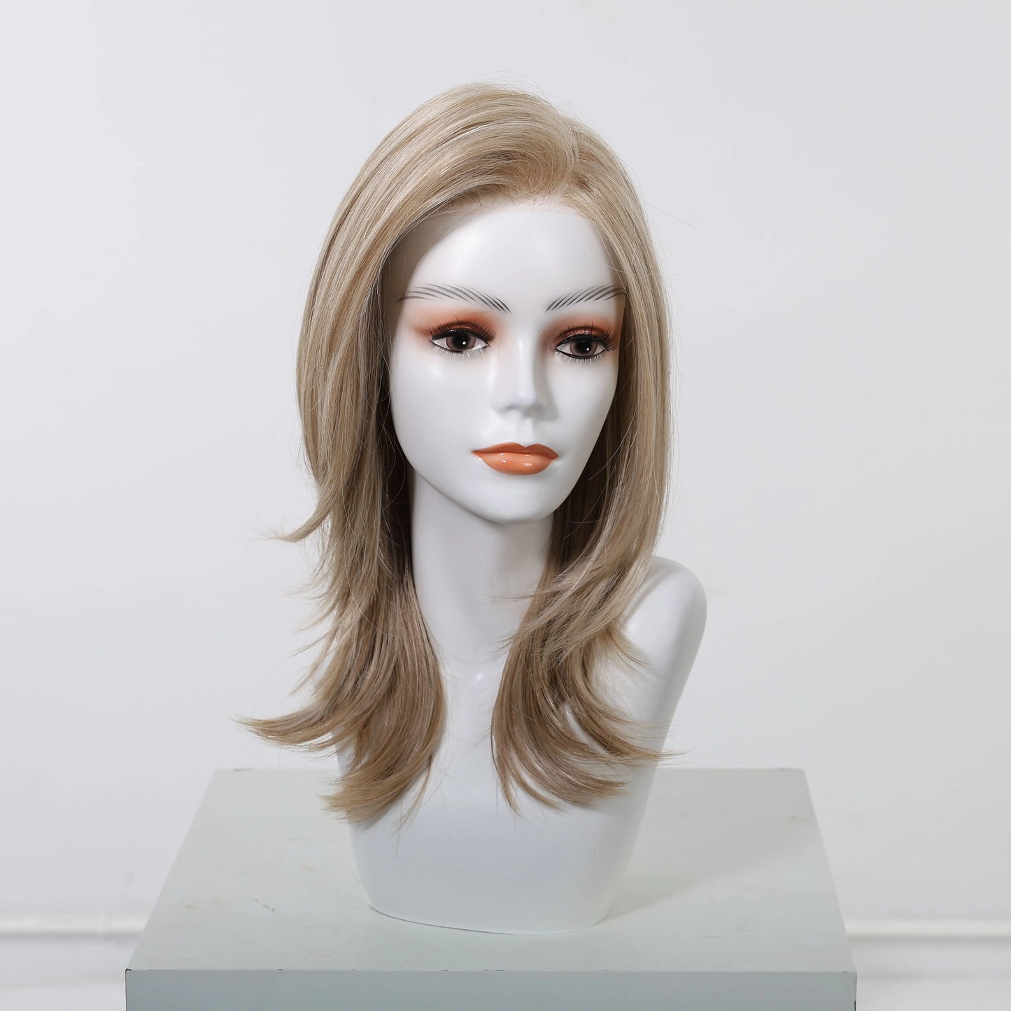 MONO Lace Frontal Synthetic Wigs Light Brown Blonde Hair Middle Length Straight Layered Wigs for White Women Daily 16inches Hair