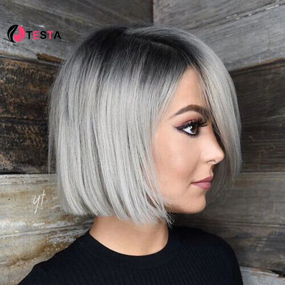 Vietnamese Bone Straight Super Double Drawn Bob Wig Human Hair Omber Grey Wigs 2*4 Lace Closure Wigs Middle Part Kim Closure300%
