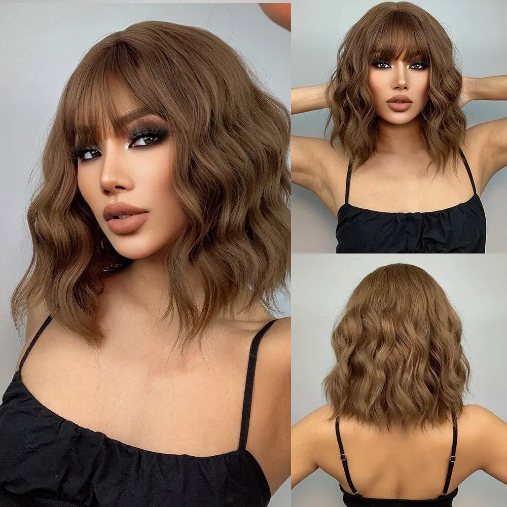 Women Grey Wavy Bob Wigs with Bangs Short Blonde Ombre Synthetic Wig With with Dark Roots Natural Hair for Daily Use