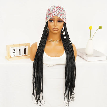 WIGERA Leopard Print Headband Long Braided Synthetic Wig With Turban Hat Box Braiding Hair Extensions Head Scarf  Easy Hairstyle