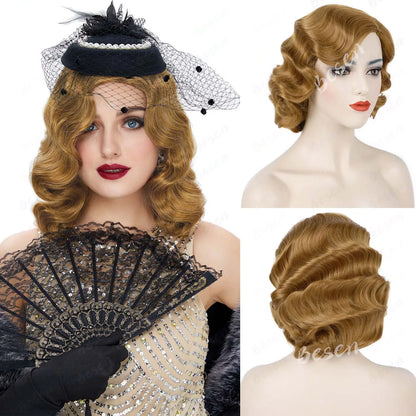 Synthetic Finger Wave Wig 1920s Retro Mid Length Black Brown Long Curly Hair for Women  Vintage Wig for Cosplay Halloween Party