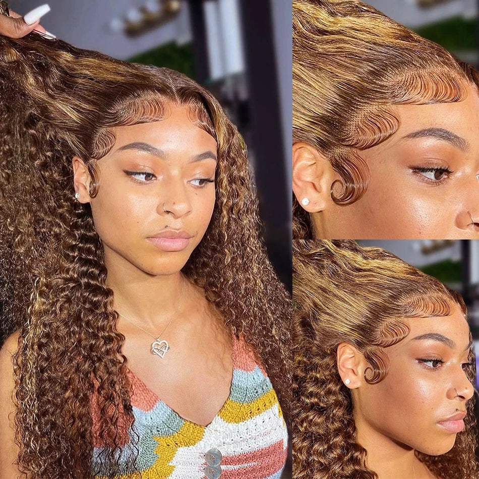 13x4 Hd Front Highlight Wig Brazilian Human Hair Curly Wigs Ombre Honey Blonde Colored Water Wave 30 Inch Deep Wave Frontal Wig