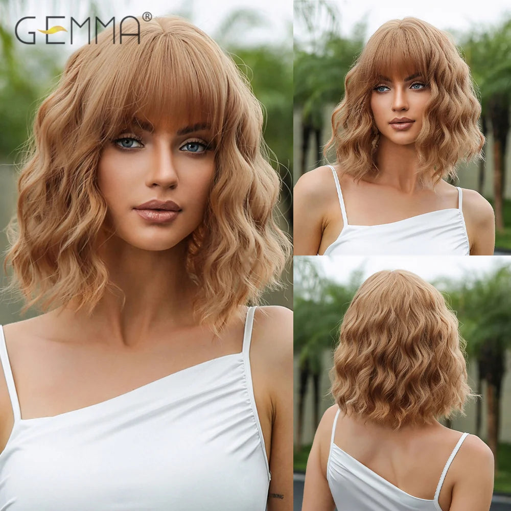 Shoulder Long Wavy Dark Brown Wig with Bangs Synthetic Water Wave Cosplay Daily Wigs for Women Afro Heat Resistant Natural Hair