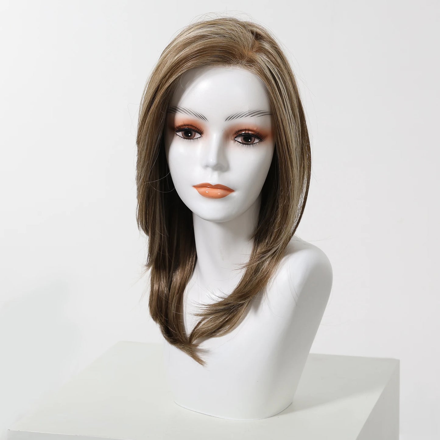 MONO Lace Frontal Synthetic Wigs Light Brown Blonde Hair Middle Length Straight Layered Wigs for White Women Daily 16inches Hair