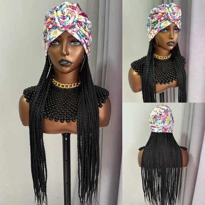 WIGERA Leopard Print Headband Long Braided Synthetic Wig With Turban Hat Box Braiding Hair Extensions Head Scarf  Easy Hairstyle