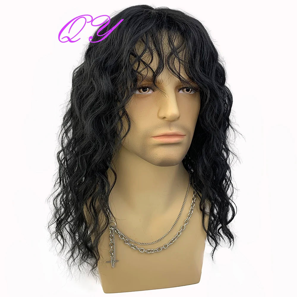 Synthetic Men Wig Natural Curly Dark Brown Color Male Wig With Bangs Water Wave Daily or Cosplay Adjustable Man Hair Wig
