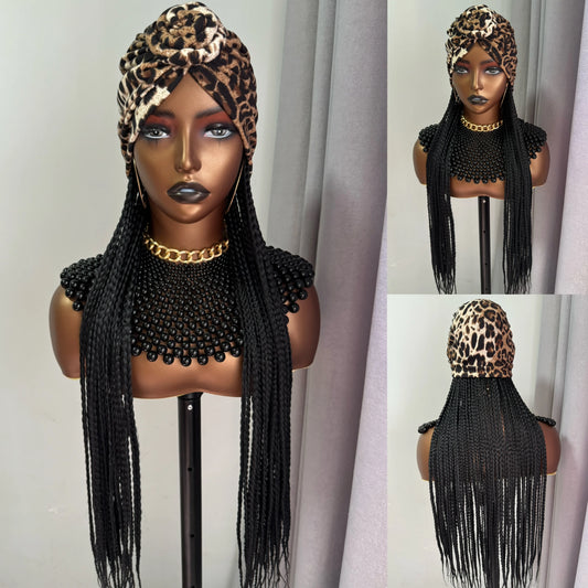WIGERA Leopard Print Headband Long Braided Synthetic Wig With Turban Hat Box Braiding Hair Extensions Head Scarf  Easy Hairstyle