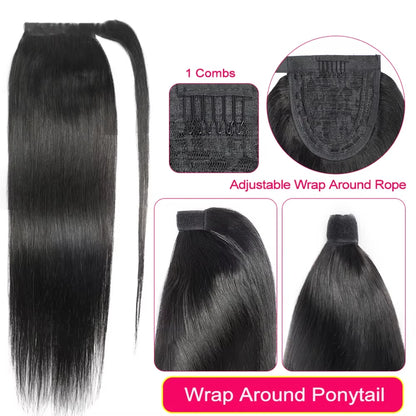 Ponytail Human Hair Extensions 30 32inch Straight Human Ponytail Drawstring & Wrap Ponytail 12A High Quality