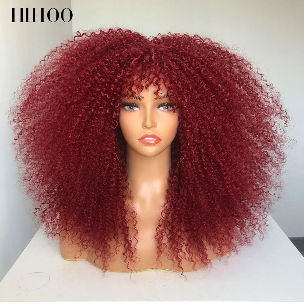 Afro Curly Wigs With Bangs For Black Women Burgundy Wig Synthetic Wine Red Hair Ombre Brown Blonde Cosplay Wig