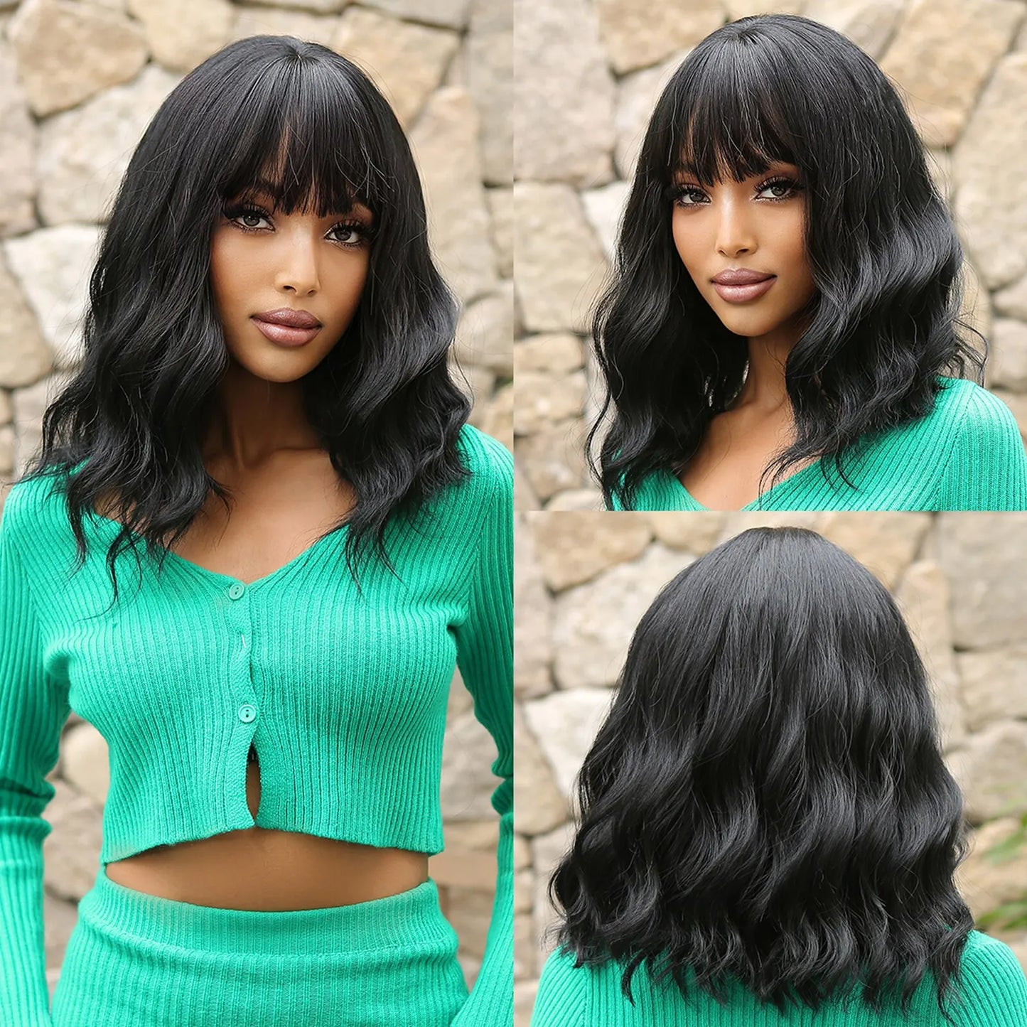 Women Grey Wavy Bob Wigs with Bangs Short Blonde Ombre Synthetic Wig With with Dark Roots Natural Hair for Daily Use