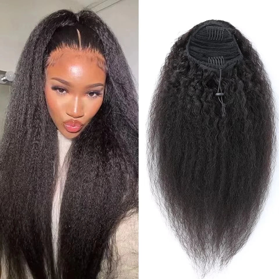 12-24 Inch Mongolian Afro Kinky Curly Ponytail Clips In Drawstring Ponytail Human Hair Wrap Around Velcro Hair Ponytail