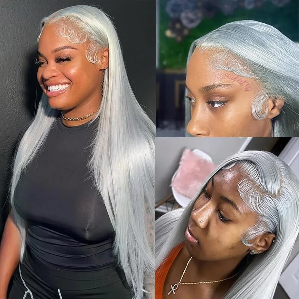 13x6 Straight Lace Front Wig Silver Grey Lace Front Wigs Human Hair Pre Plucked Brazilian Transparent 13x4 Lace Frontal Wig 200%