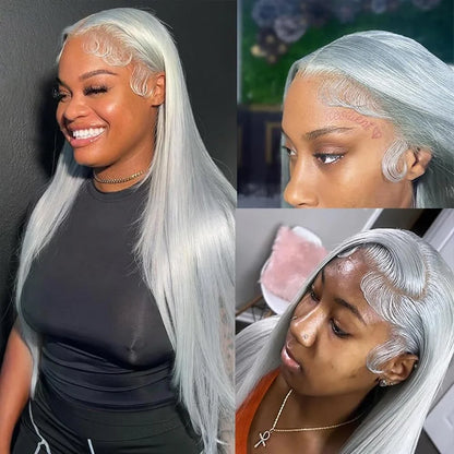13x6 Straight Lace Front Wig Silver Grey Lace Front Wigs Human Hair Pre Plucked Brazilian Transparent 13x4 Lace Frontal Wig 200%
