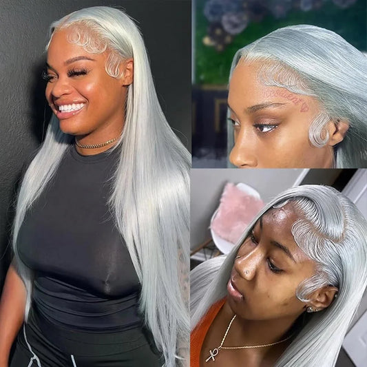 13x6 Straight Lace Front Wig Silver Grey Lace Front Wigs Human Hair Pre Plucked Brazilian Transparent 13x4 Lace Frontal Wig 200%