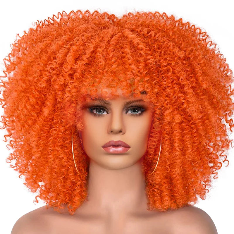 Short Afro Kinky Curly Wig With Bangs For Black Women Synthetic Ombre Glueless Colorful Wig Cosplay Party Halloween Wigs