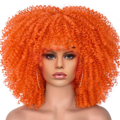 Short Afro Kinky Curly Wig With Bangs For Black Women Synthetic Ombre Glueless Colorful Wig Cosplay Party Halloween Wigs