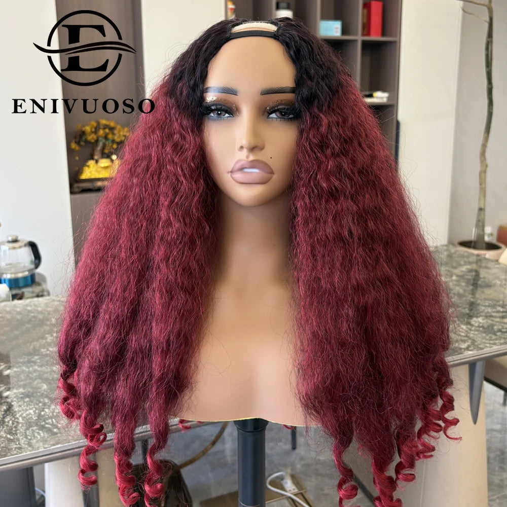 Afro Kinky Straight V Part Wigs with Bouncy Curls Short Synthetic Glueless Wigs for Black Women No Leave Out Clip in Half Wigs