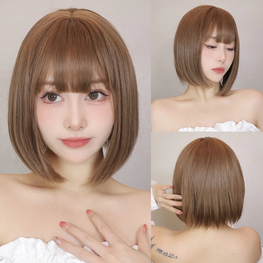 Straight Bob Synthetic Wigs Dark Brown Hair with Bangs for Women Shoulder Length Wig Daily Use Heat Resistant Korean Hairstyle