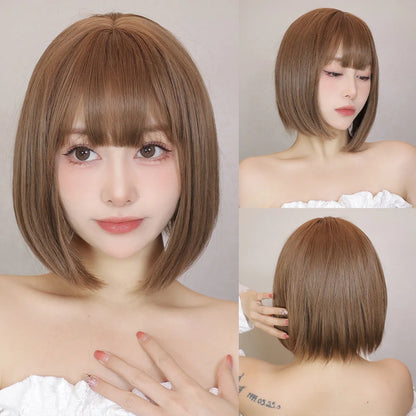 Straight Bob Synthetic Wigs Dark Brown Hair with Bangs for Women Shoulder Length Wig Daily Use Heat Resistant Korean Hairstyle