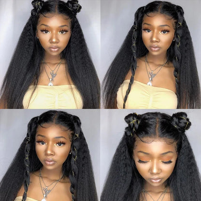 Brazilian Kinky Straight Hair Bundles With Closure Ear to Ear Coarse Yaki Bundles With Frontal Closure Remy Human Hair Extension