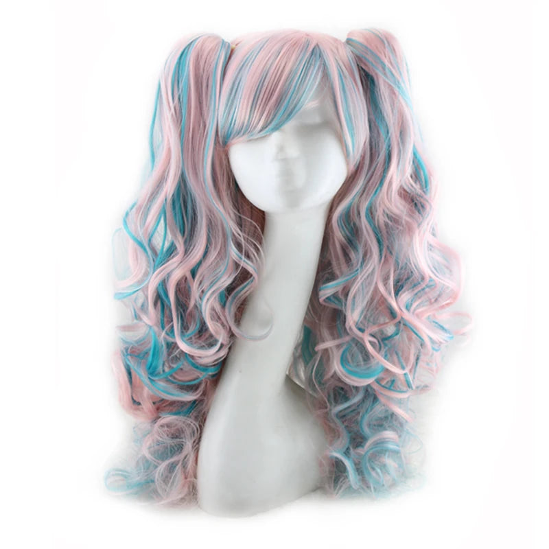 Synthetic Hair Wigs Cosplay Wig With Bangs Wavy Costume Wigs For Women Long Two Claw Clip Ponytail Wig Pink Red Blue Black White