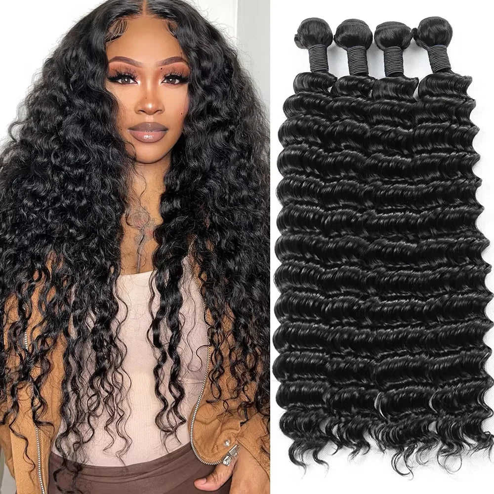 38 40 Inches Deep Wave Natural Color Bundles Brazilian Hair Extension Remy Hair Bundles One Weave Unprocessed 3/4 Pieces