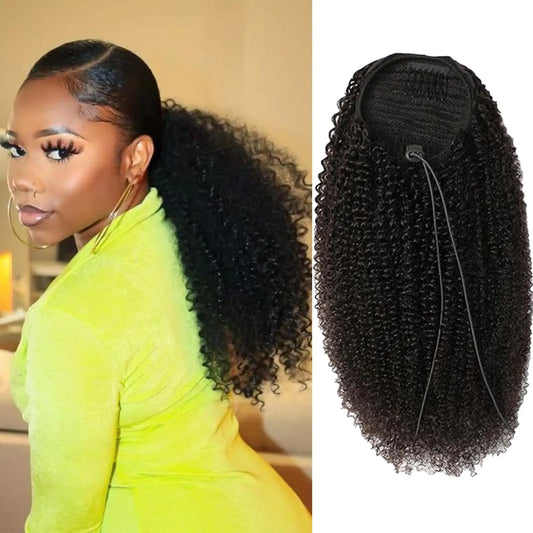 12-24 Inch Mongolian Afro Kinky Curly Ponytail Clips In Drawstring Ponytail Human Hair Wrap Around Velcro Hair Ponytail