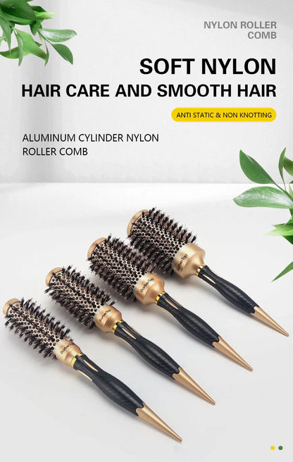 New Handle Round Rolling Brush Straight Twill Hair Comb Boar Bristle Round Barrel Hair Curling Brush Hairdressing Styling Tool