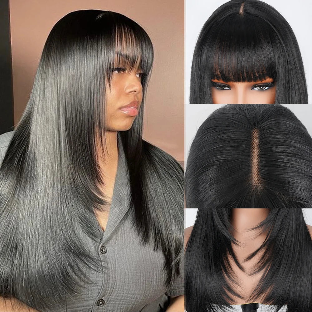 Straight Layered Cut Wigs For Black Women 3X1 HD Lace Synthetic Layered Wigs with Bangs Natural Black Straight Glueless Wigs
