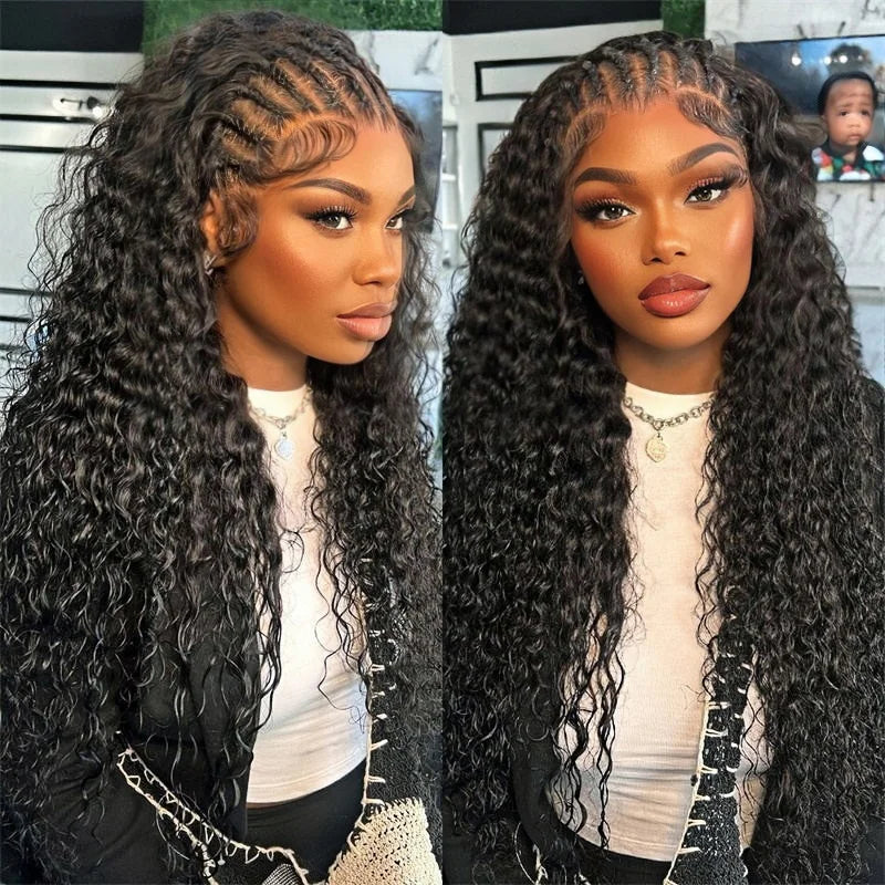 Loose Deep Wave Pre Braided Wigs 13x4 HD Lace Frontal Human Hair Curly Wigs 30 Inch boho braids human hair Water Wave Black Wigs