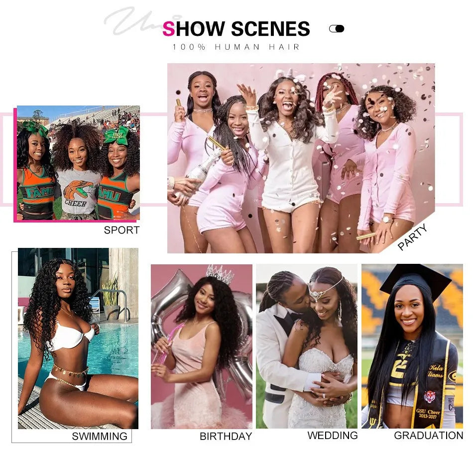 UNICE Hair Fluffy Loose Wave Wig With Curtain Bangs 7x5 Pre Cut Pre Bleached Glueless Wigs Human Hair Ready To Wear 180% Density