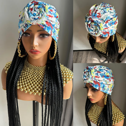 WIGERA Leopard Print Headband Long Braided Synthetic Wig With Turban Hat Box Braiding Hair Extensions Head Scarf  Easy Hairstyle