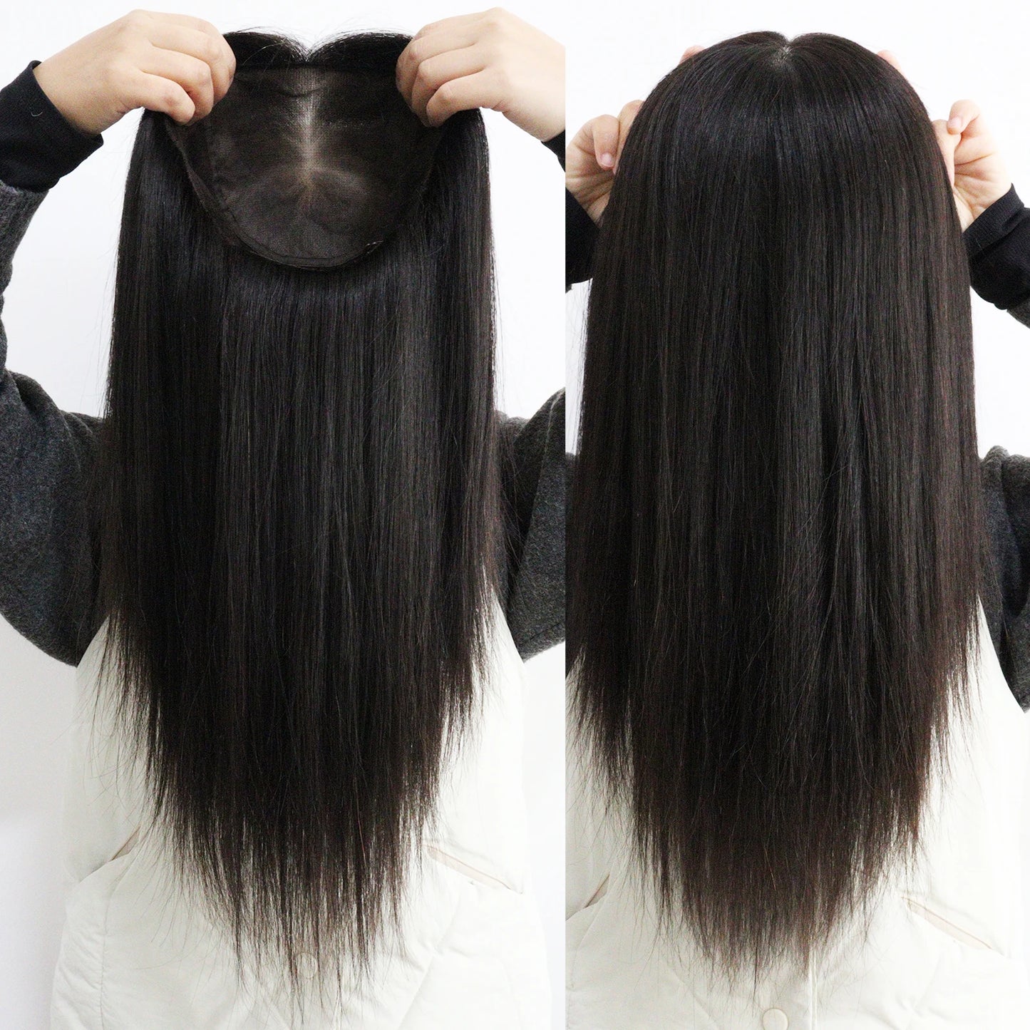 Full Lace Silk Base Wig with PU Front 18" Remy Human Hair Wig for Women Natural Black Silk Top Glueless Wig Natural Scalp