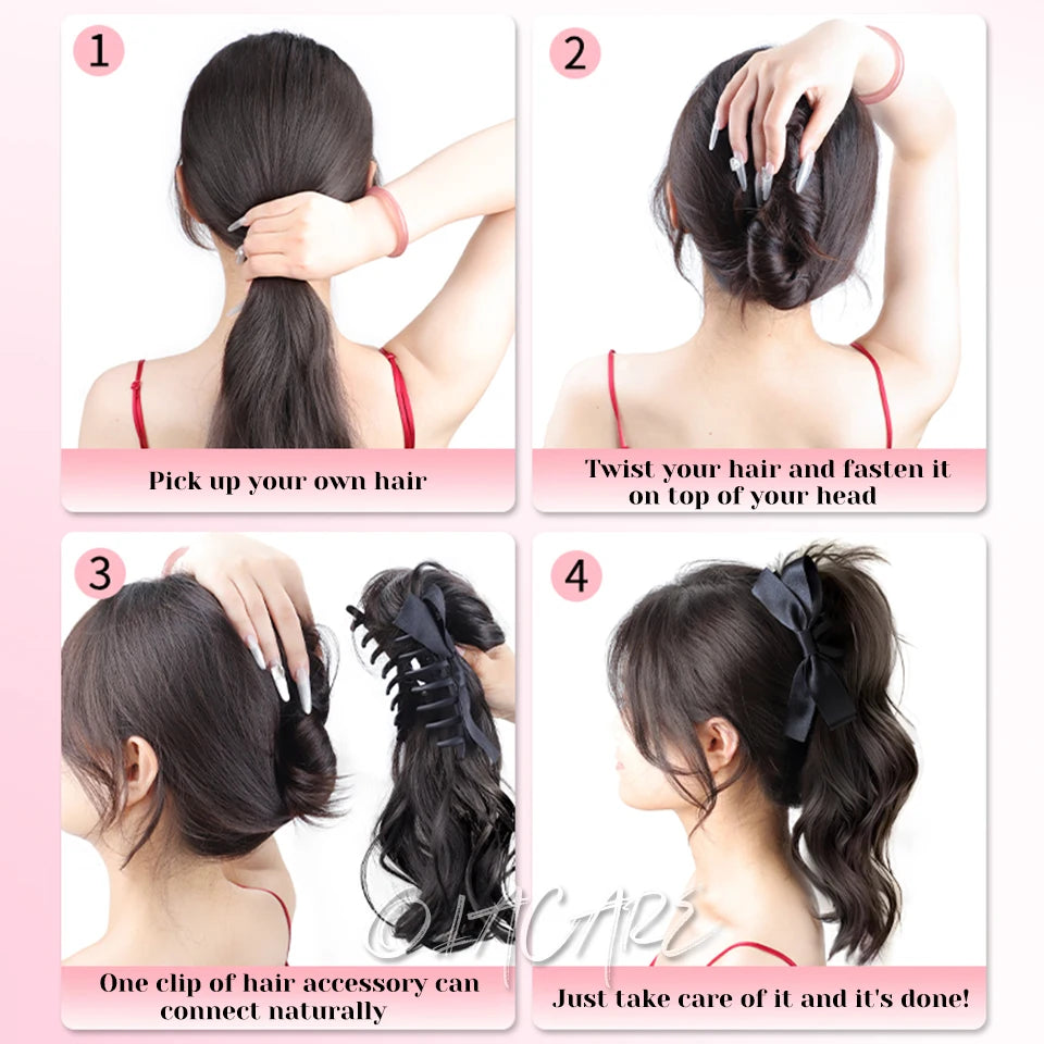 Ponytail Extension Bow Claw Curly Wavy Clip in Hairpiece Ponytail Hair Extensions Long Pony Tail Synthetic for Women Girl Daily