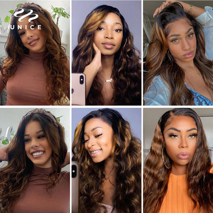UNICE Brazilian Hair Bundles with Closure Body Wave 3 Bundles with Closure HoneyBlonde Highlight Human Hair Closure and Blundles