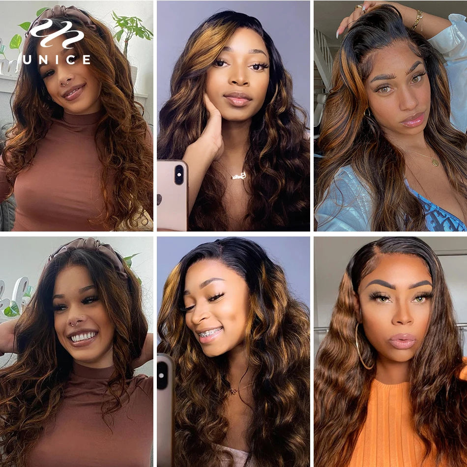 UNICE Hair Balayage Body Wave Human Hair Bundles 3PCS With 4x4 Lace Closure Highlight Bundles With Closure Make 250% Density Wig