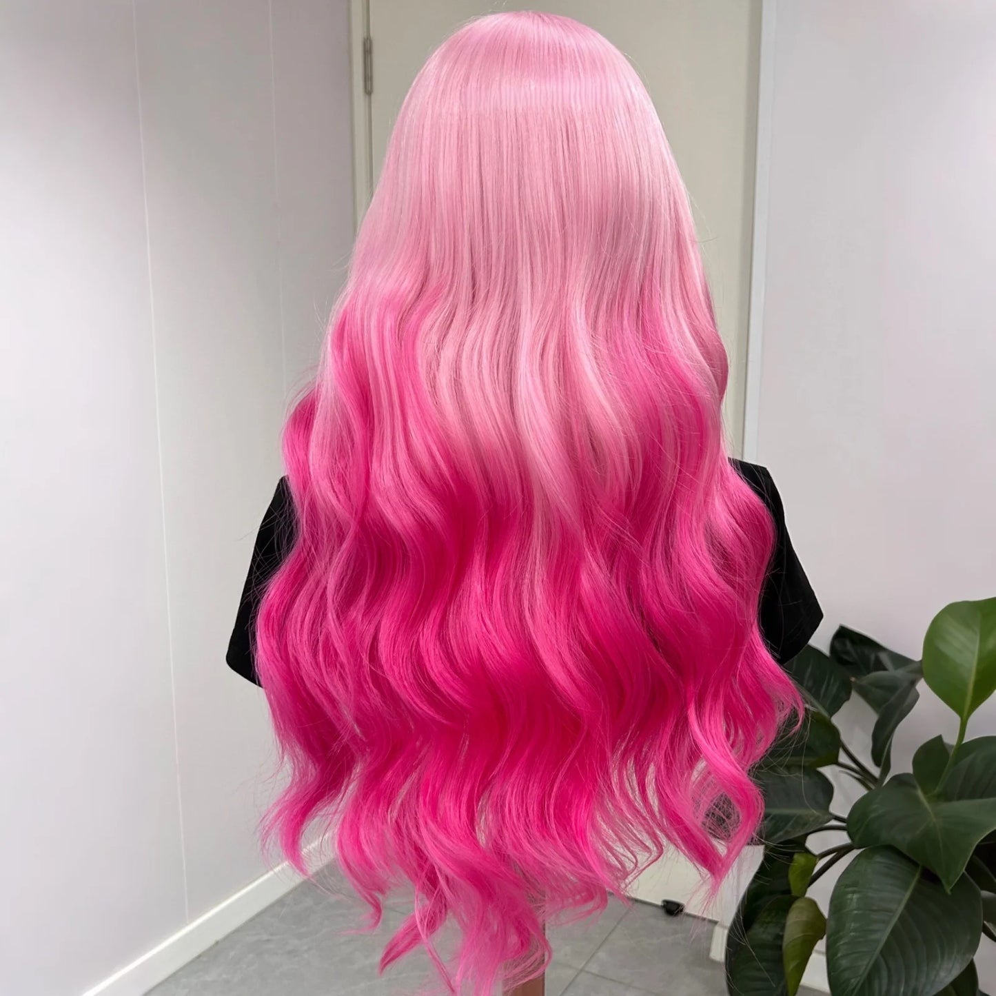 Long Wavy Ombre Pink Syntheitc Lace Front Wigs for Women Middle Part 13X4 Body Wave Light Pink Roots Pre Plucked Glueless Hair