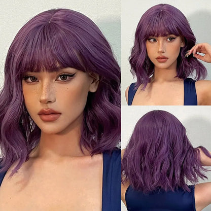 Women Grey Wavy Bob Wigs with Bangs Short Blonde Ombre Synthetic Wig With with Dark Roots Natural Hair for Daily Use