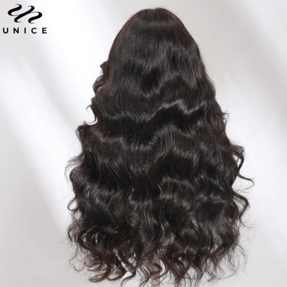 UNICE Hair Fluffy Loose Wave Wig With Curtain Bangs 7x5 Pre Cut Pre Bleached Glueless Wigs Human Hair Ready To Wear 180% Density