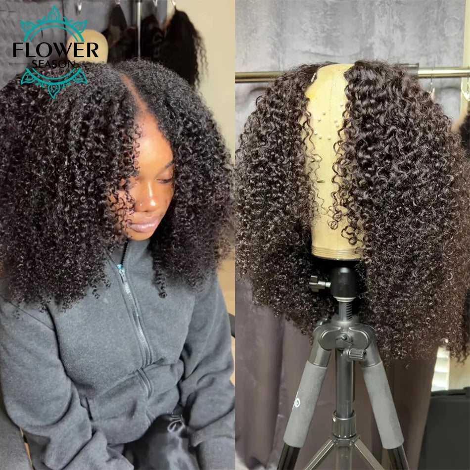 Kinky Curly V Part Wig Human Hair Upgrade Upart Wig No Leave Out Thin Part Kinky Curly Human Hair Wig 1x3 V-Part Wig 180%Density