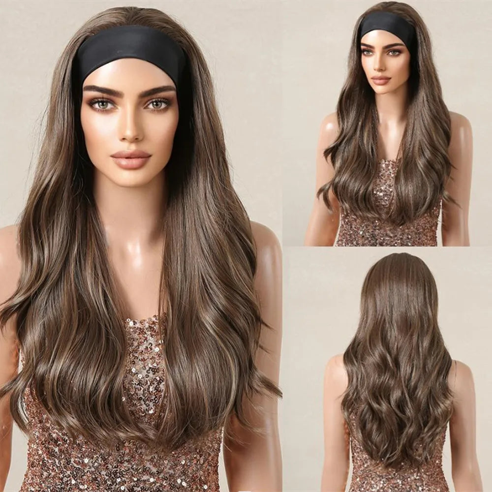 Long Curly Headband Synthetic Wigs Natural Ash Blonde Long Women's Headband Wig Body Wave Bohemian Hair Wig For Women Daily Use